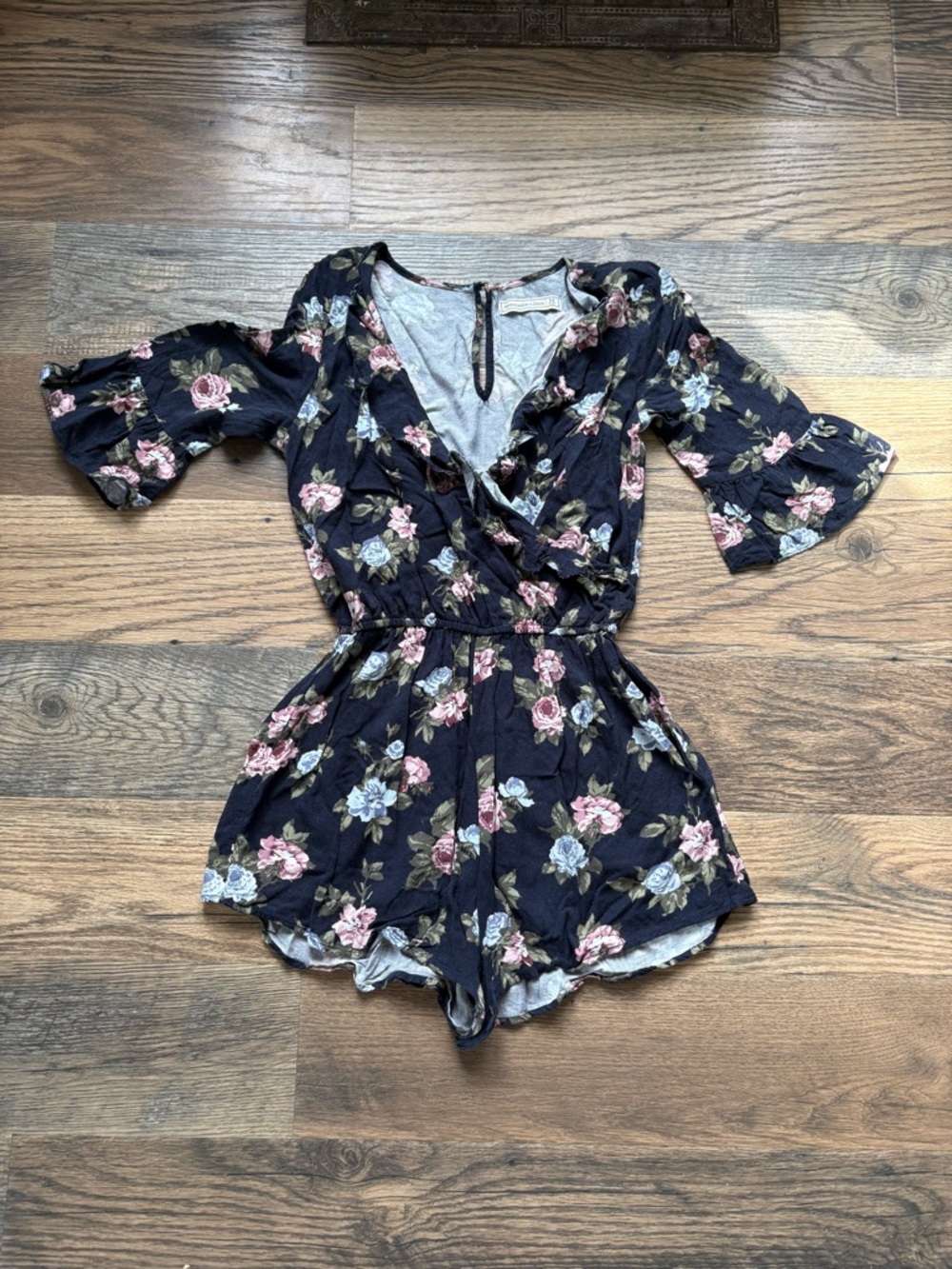 Abercrombie & Fitch Navy Floral Short Romper with Pink Roses